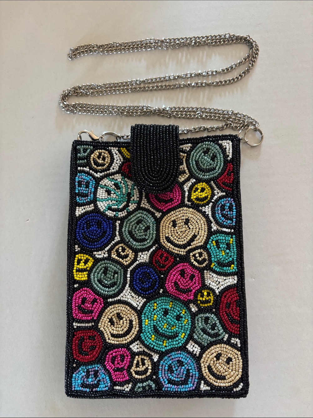 OKPTA Multicolor Smiley Face Beaded Phone and Wallet Crossbody - Black Base